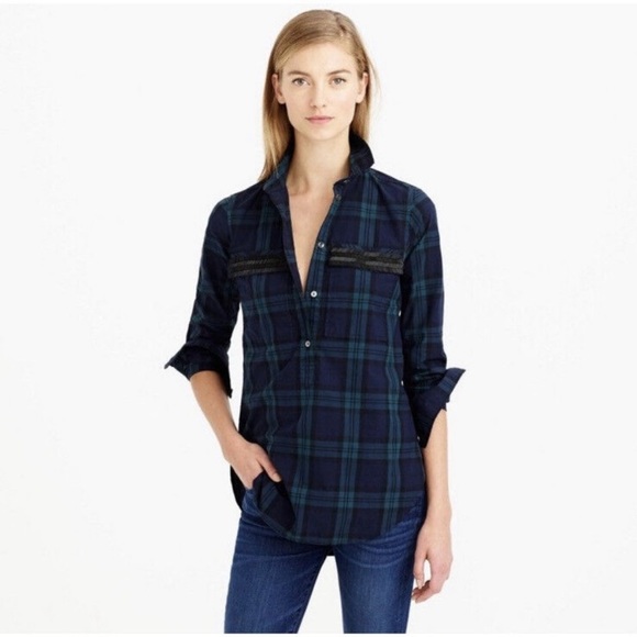 J. Crew Plaid Chevron Beaded Pocket Half Button Shirt 2 - Picture 3 of 7